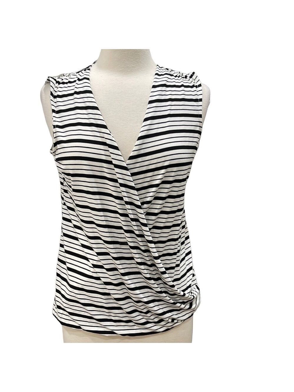 NWT Bobeau Cream/Black Stripe Cross Over Ruched Bust Stretch Top SZ M